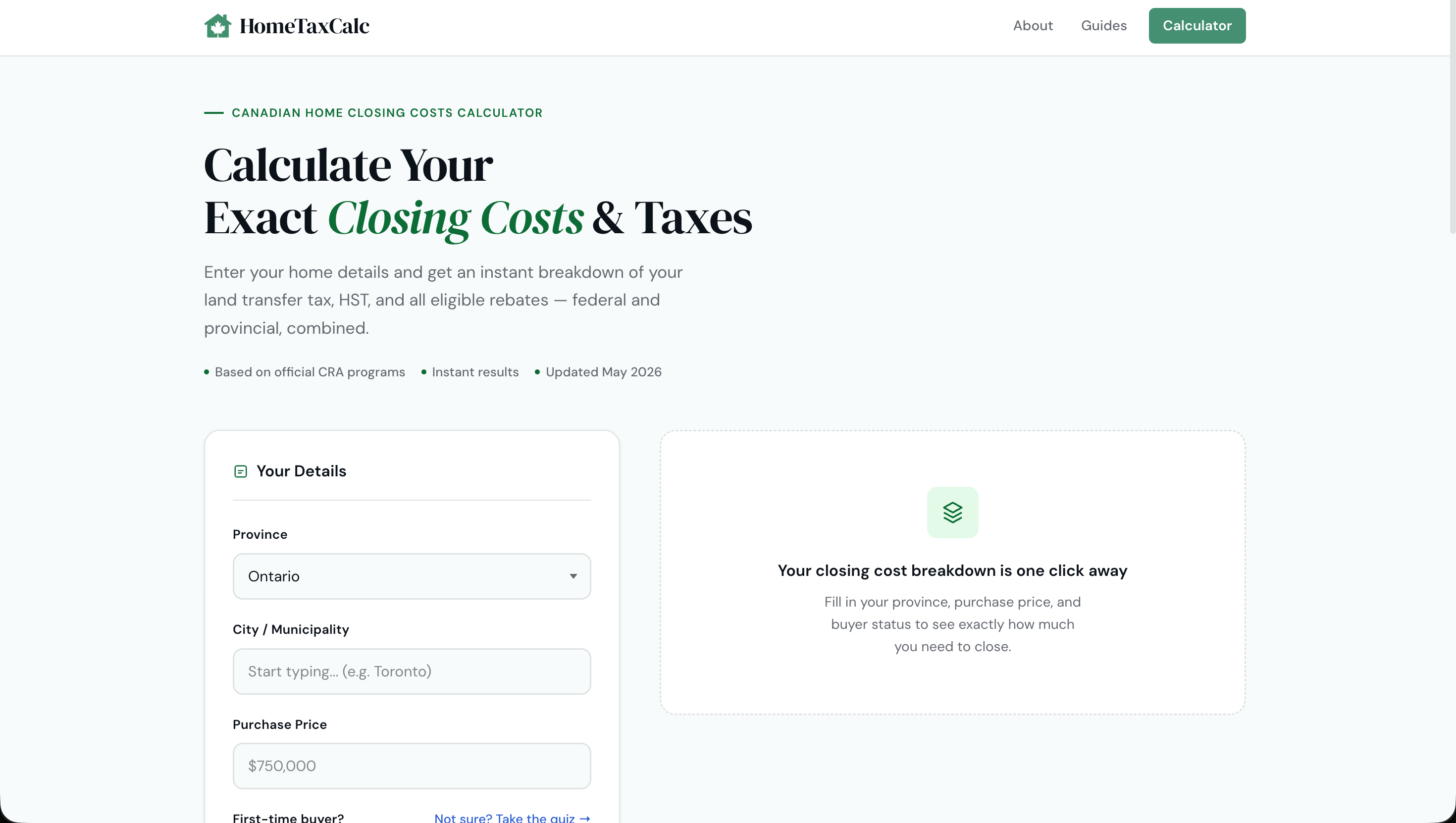 Home Tax Calc Canada homepage showing the rebate and tax-saving calculator interface for Canadian home buyers